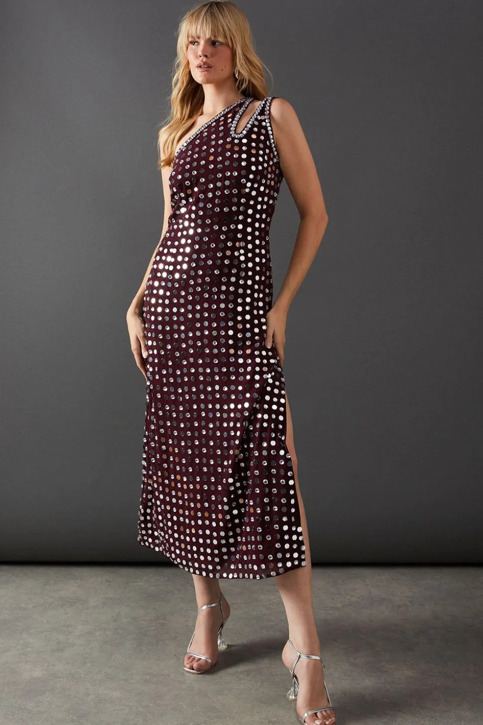 Premium Hand Embellished Sequin One Shoulder Midi Dress