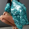 Premium Holographic Sequin Slash Neck Mini Dress