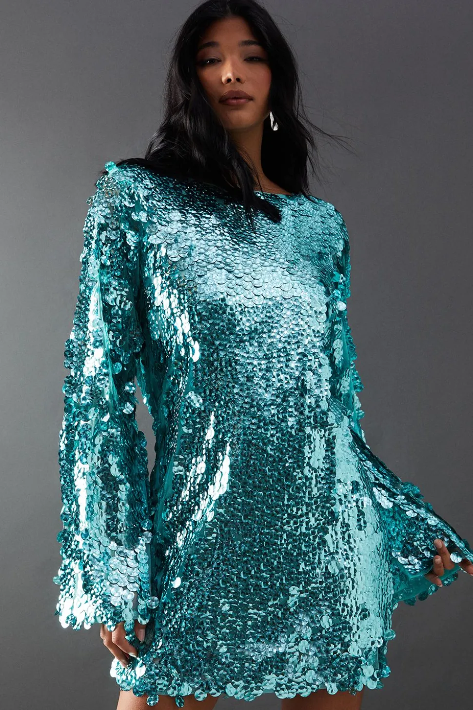 Premium Holographic Sequin Slash Neck Mini Dress