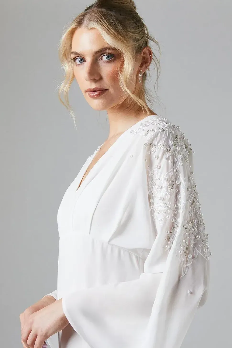 Premium Kimono Sleeve Embellished Fishtail Wedding Dress With Cutwork