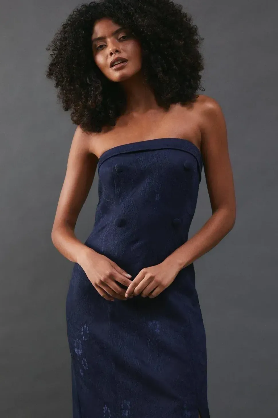 Premium Lace Jacquard Bandeau Double Breasted Midi Dress