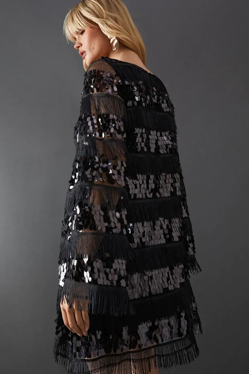 Premium Lace Sequin Frill Tier Mini Smock Dress