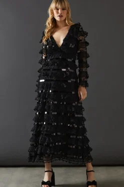 Premium Lace Sequin Frill Tier Plunge Neck Maxi Dress