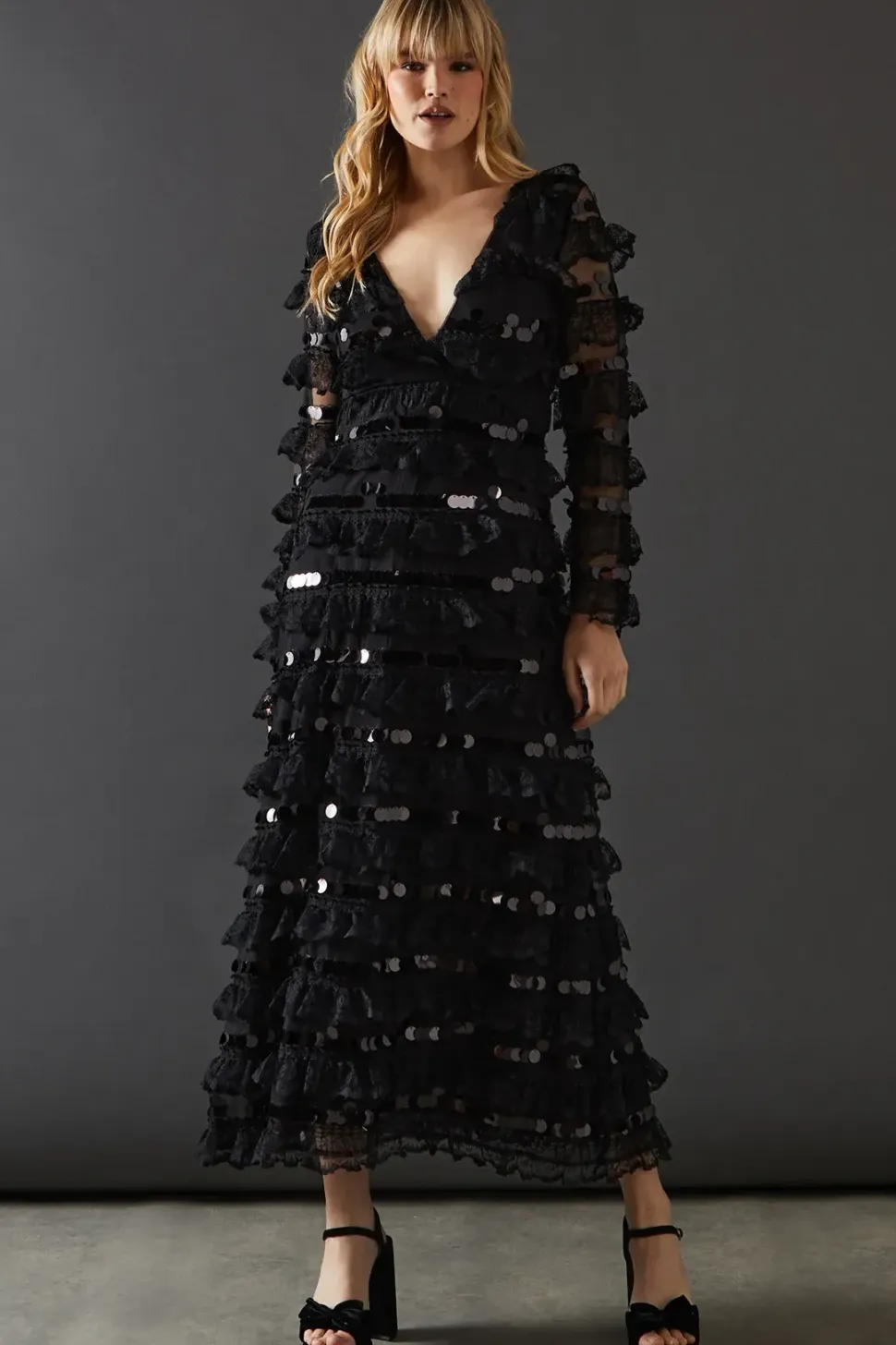Premium Lace Sequin Frill Tier Plunge Neck Maxi Dress