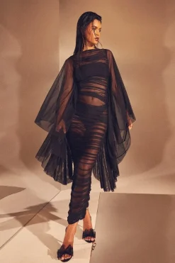 Premium Mesh Ruched Extreme Batwing Sheer Maxi Dress
