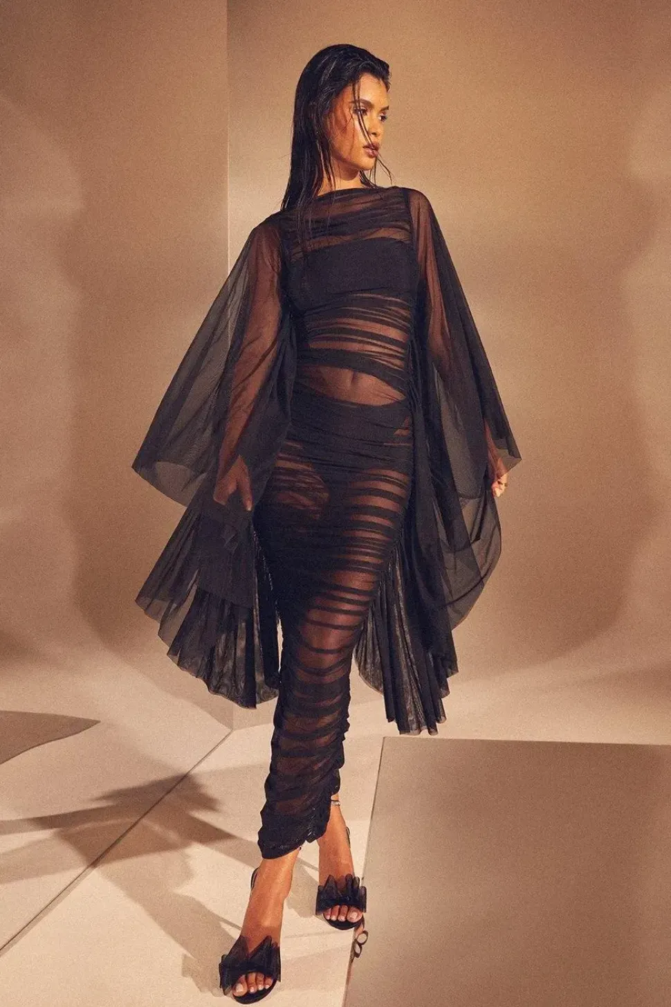 Premium Mesh Ruched Extreme Batwing Sheer Maxi Dress