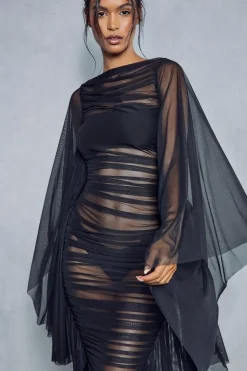 Premium Mesh Ruched Extreme Batwing Sheer Maxi Dress