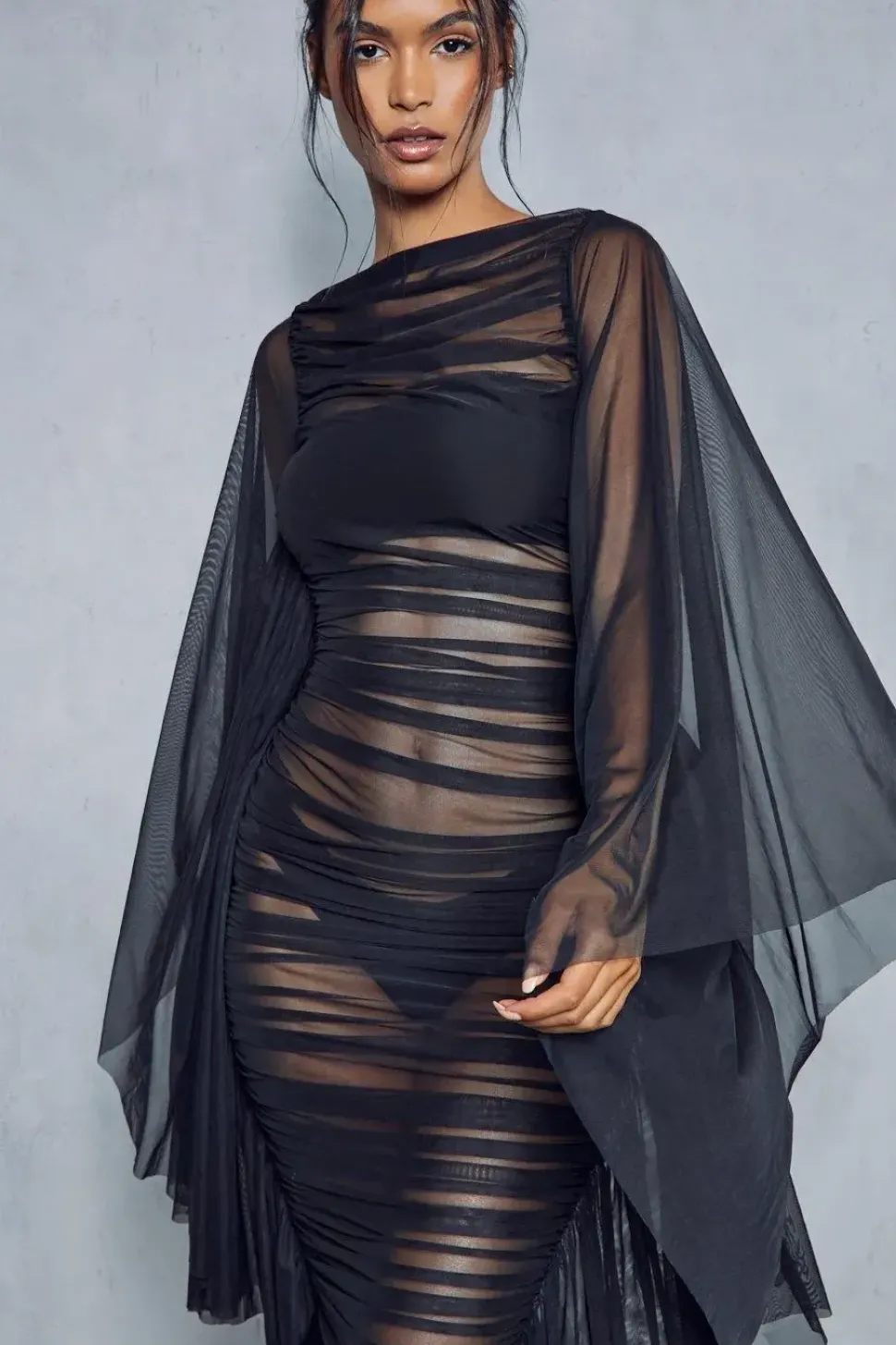 Premium Mesh Ruched Extreme Batwing Sheer Maxi Dress