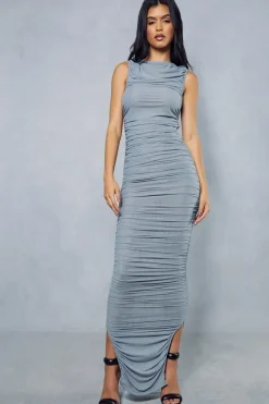 Premium Mesh Ruched Sleeveless Maxi Dress