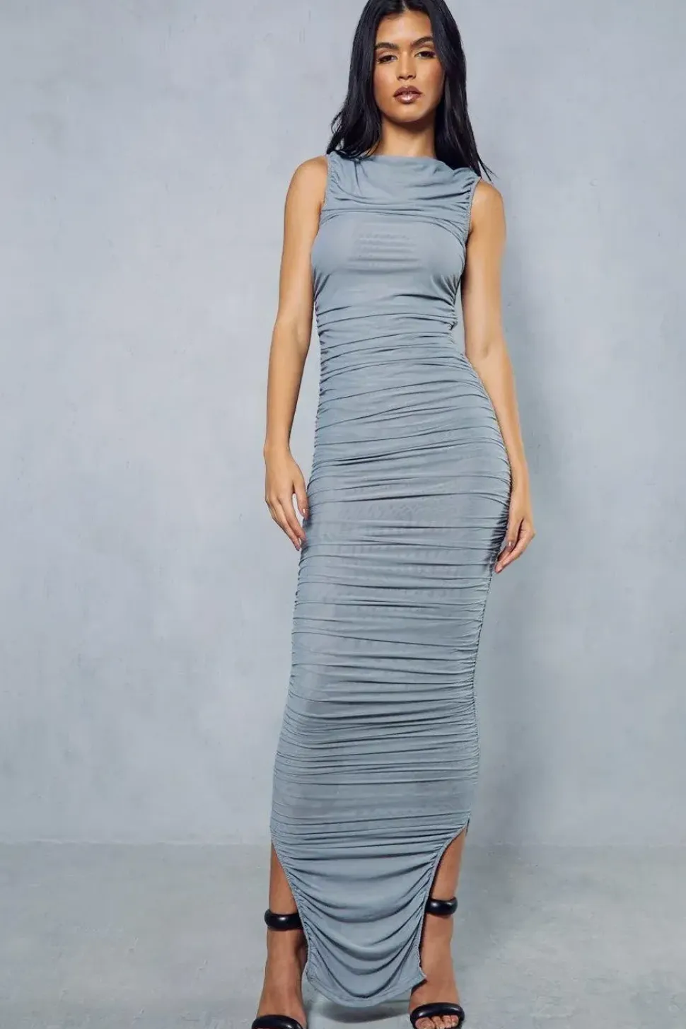 Premium Mesh Ruched Sleeveless Maxi Dress