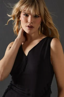 Premium Mix Chiffon Panel Frayed Hem Midi Dress
