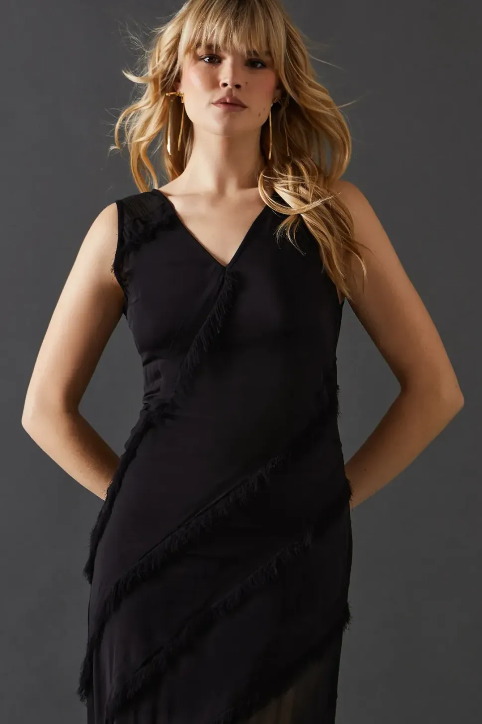 Premium Mix Chiffon Panel Frayed Hem Midi Dress