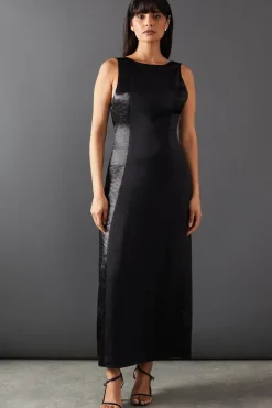 Premium Mixed Satin Panel Open Back Midi Slip Dress