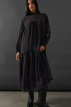 Premium Moon Embellished Sequin Viscose Curved Hem Midi Smock Dress