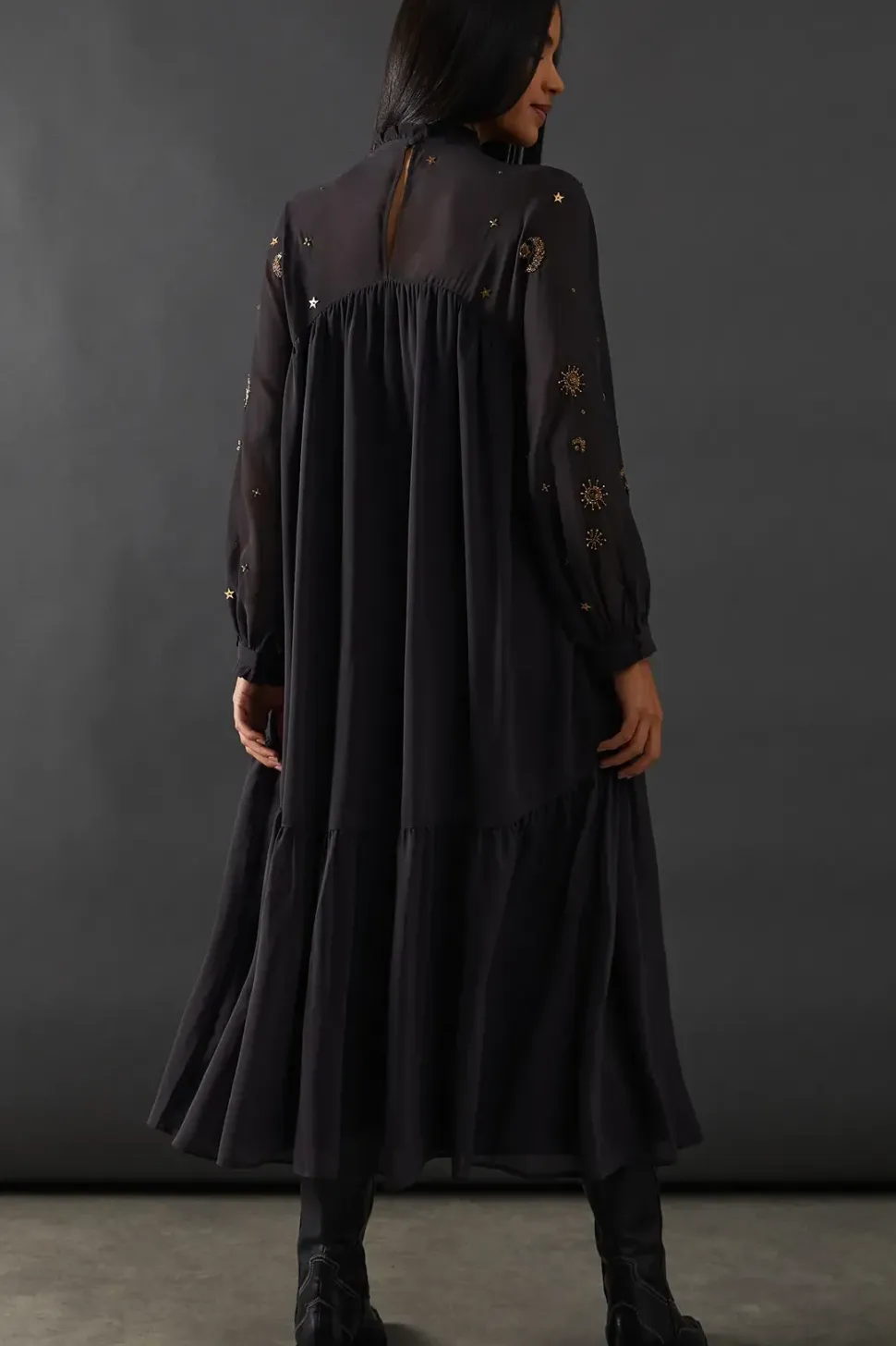 Premium Moon Embellished Sequin Viscose Curved Hem Midi Smock Dress