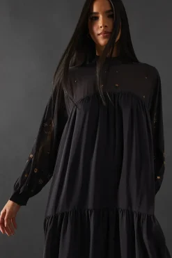 Premium Moon Embellished Sequin Viscose Curved Hem Midi Smock Dress