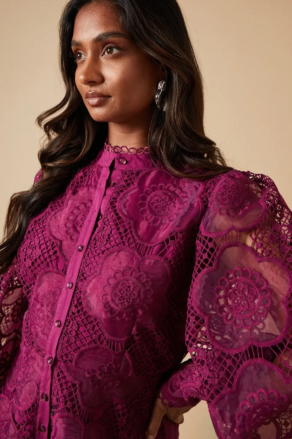 Premium Organza Lace Trim Mini Shirt Dress