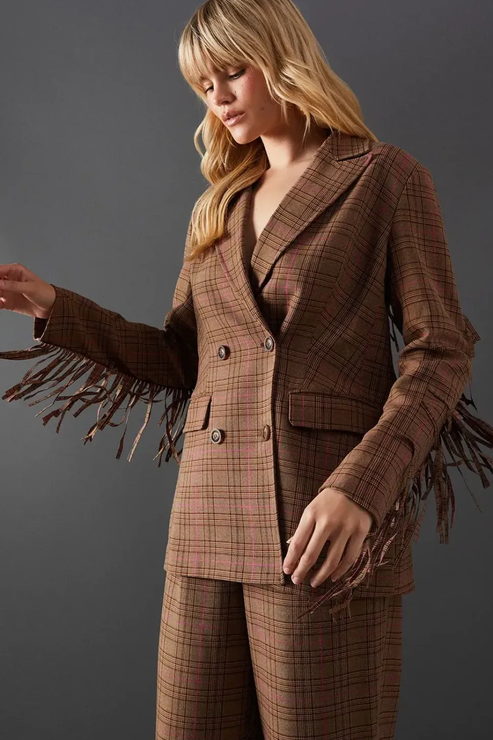 Premium Oversized Heritage Check Fringed Blazer