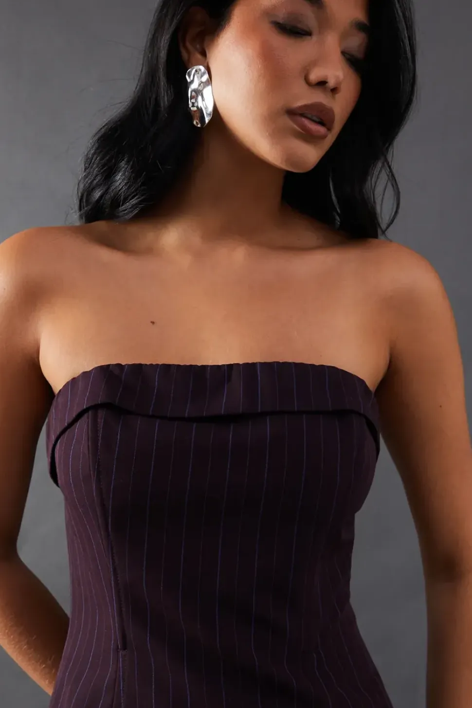 Premium Pinstripe Bandeau Fold Over Bandeau Top
