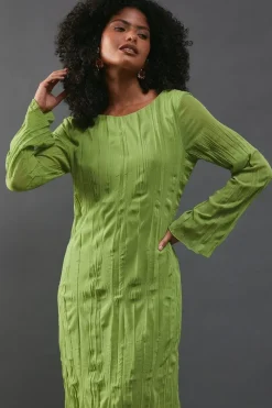 Premium Pleated Chiffon Slash Neck Column Midi Dress