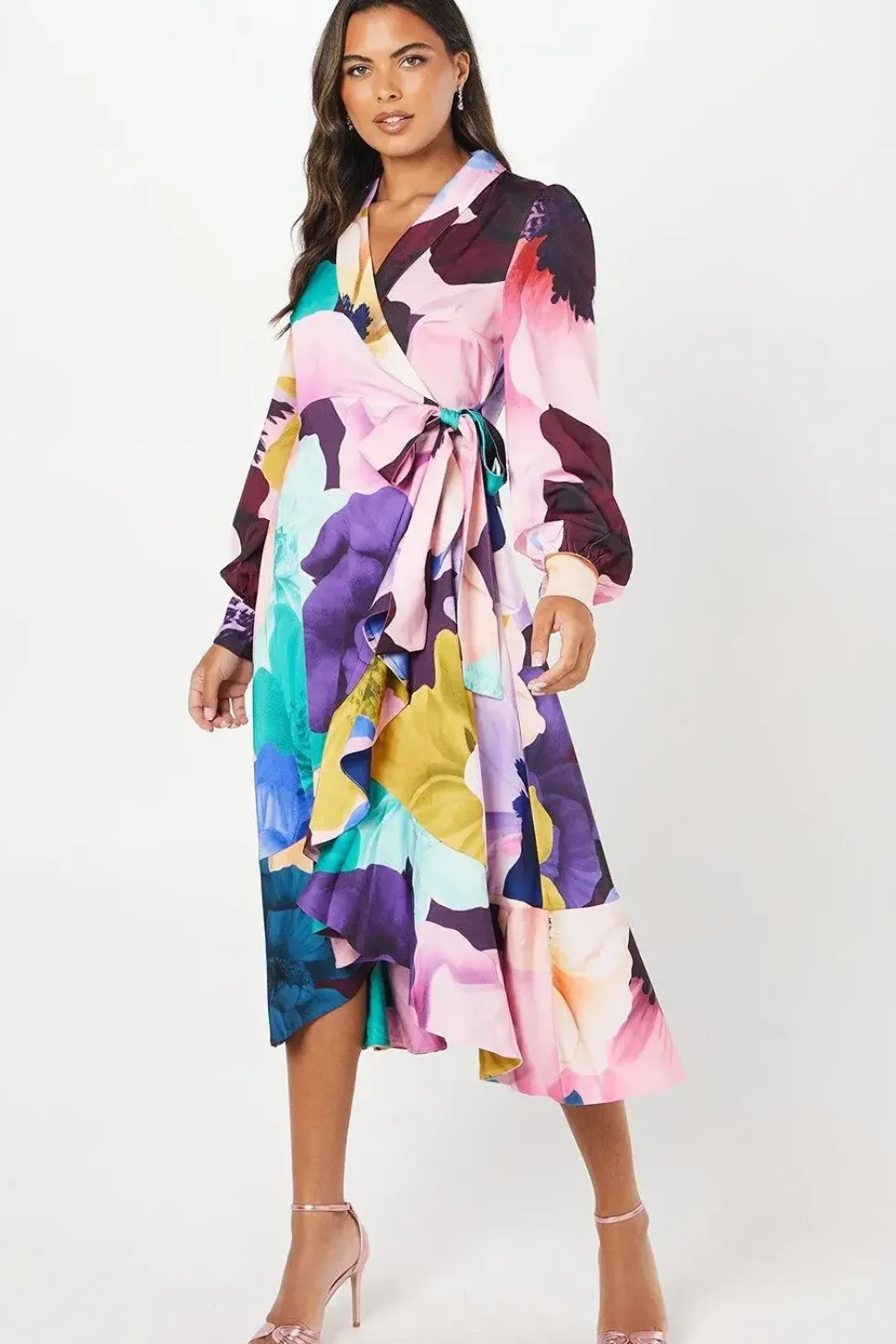 Premium Printed Satin Wrap Dress