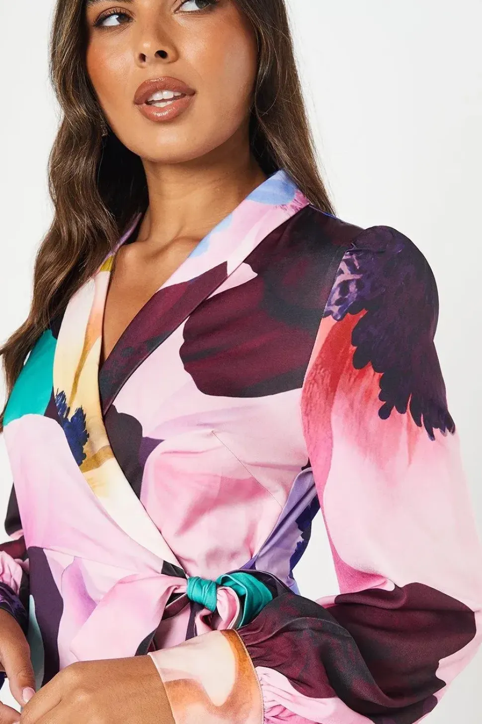 Premium Printed Satin Wrap Dress