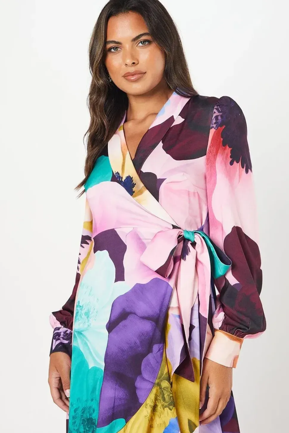 Premium Printed Satin Wrap Dress