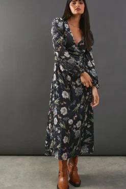 Premium Printed Velvet V Neck Midi Tea Dress