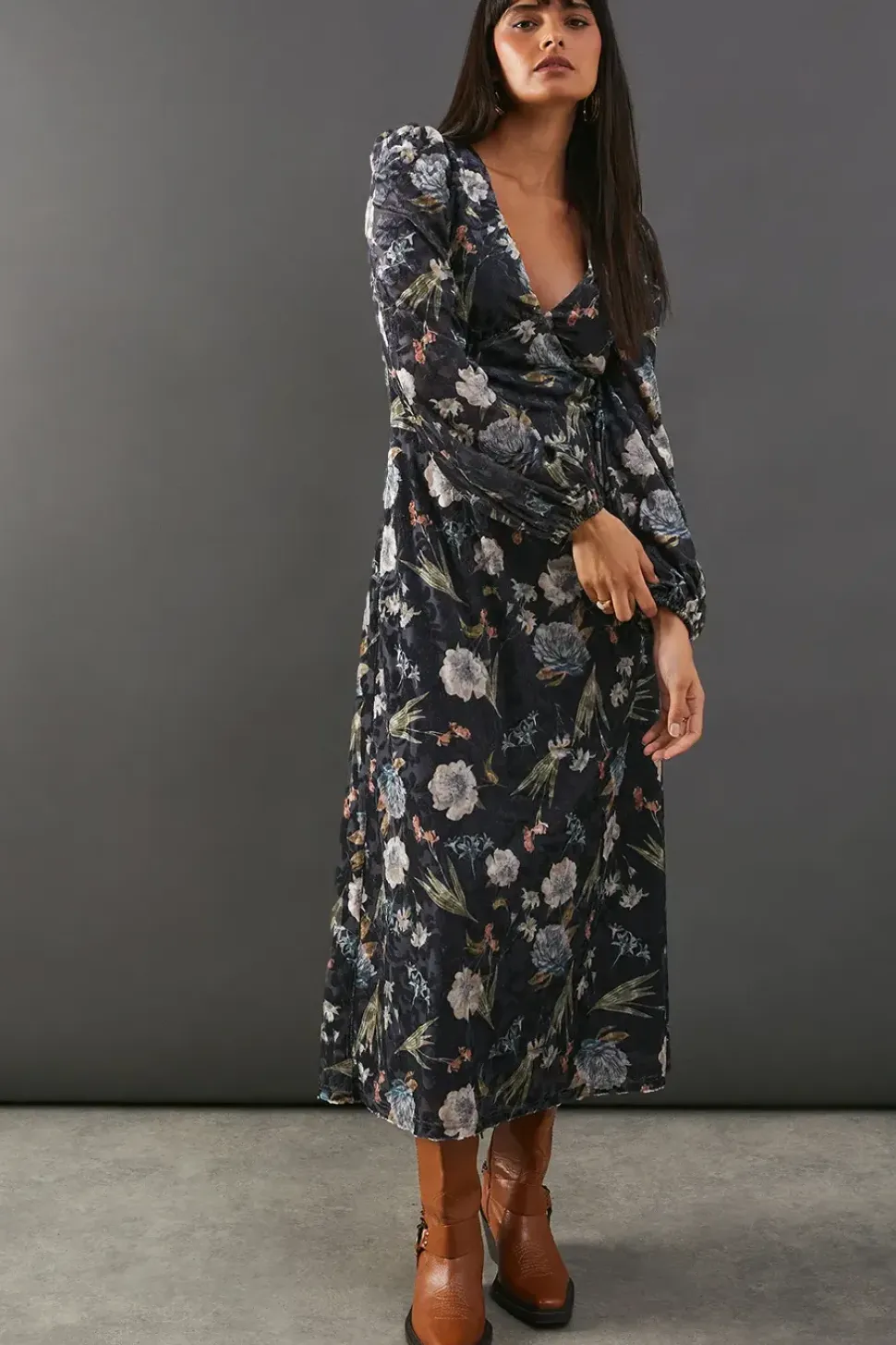 Premium Printed Velvet V Neck Midi Tea Dress