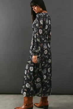 Premium Printed Velvet V Neck Midi Tea Dress