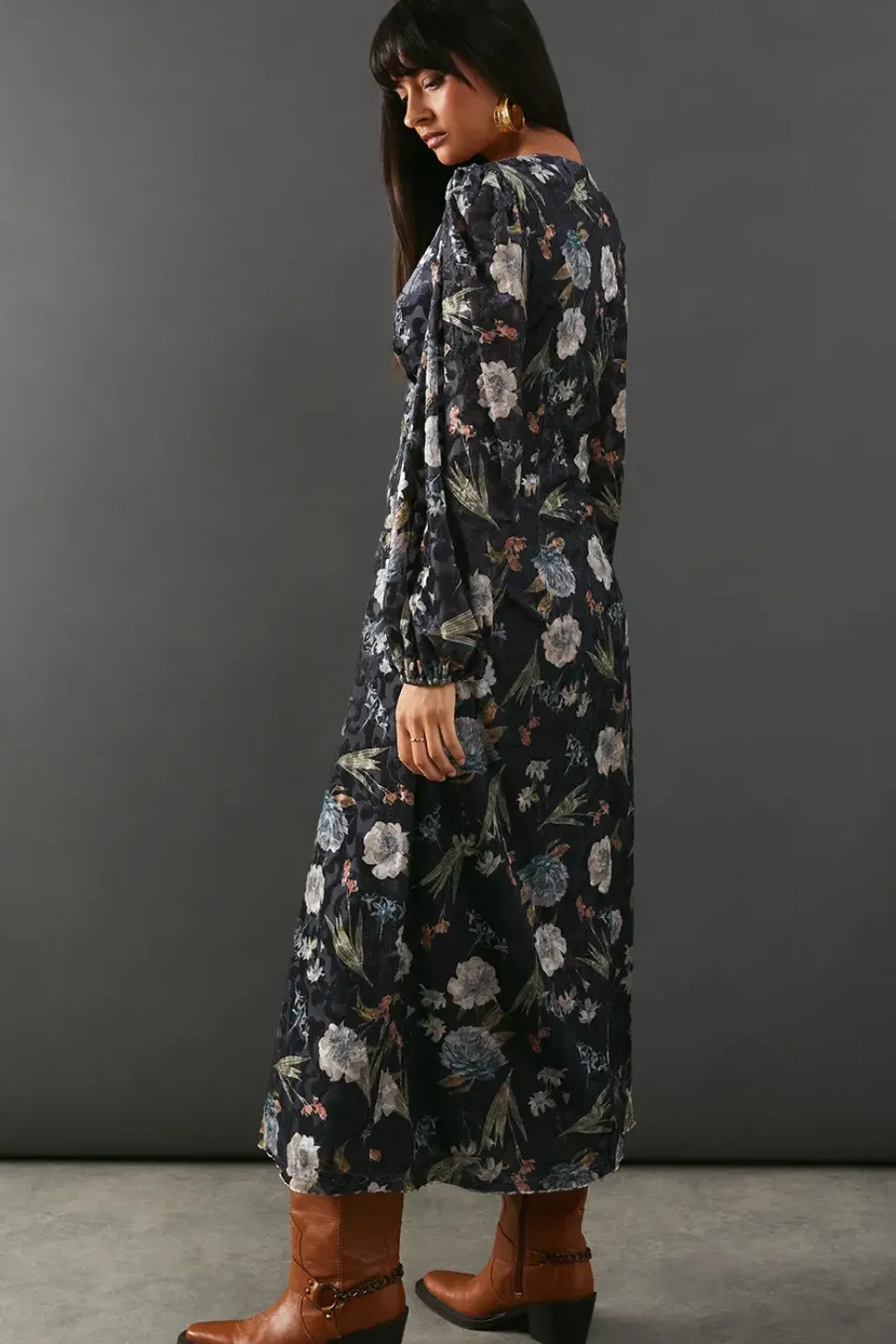 Premium Printed Velvet V Neck Midi Tea Dress