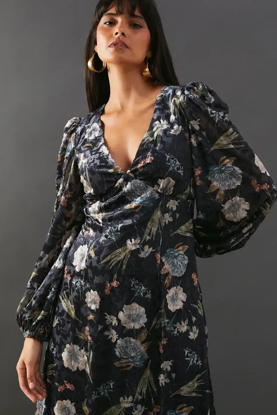 Premium Printed Velvet V Neck Midi Tea Dress