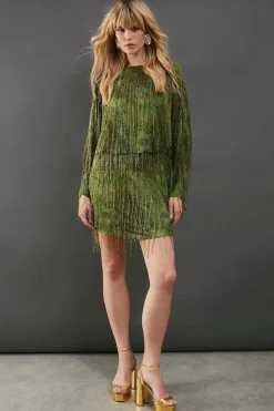 Premium Print Fringe Embellishment Batwing Mini Dress