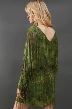 Premium Print Fringe Embellishment Batwing Mini Dress