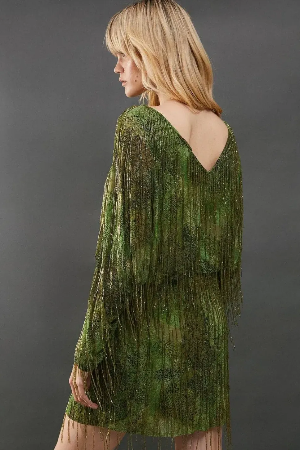 Premium Print Fringe Embellishment Batwing Mini Dress