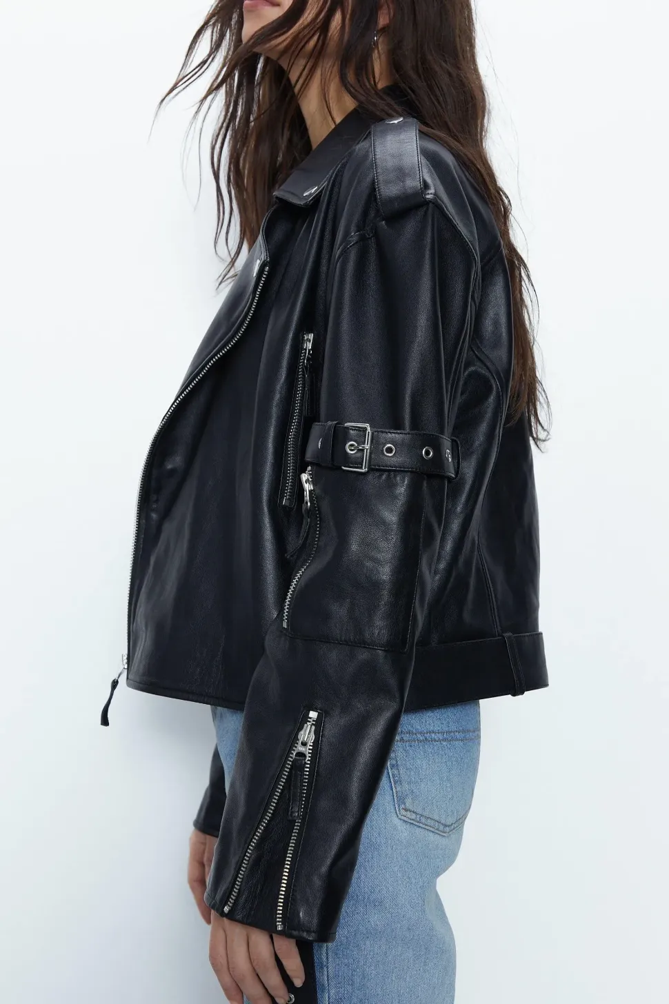 Premium Real Leather Buckle Detail Jacket