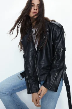 Premium Real Leather Buckle Detail Jacket