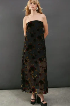 Premium Rose Velvet Bandeau Maxi Dress