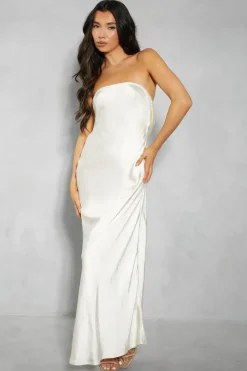 Premium Satin Bandeau Cowl Back Fishtail Maxi Dress