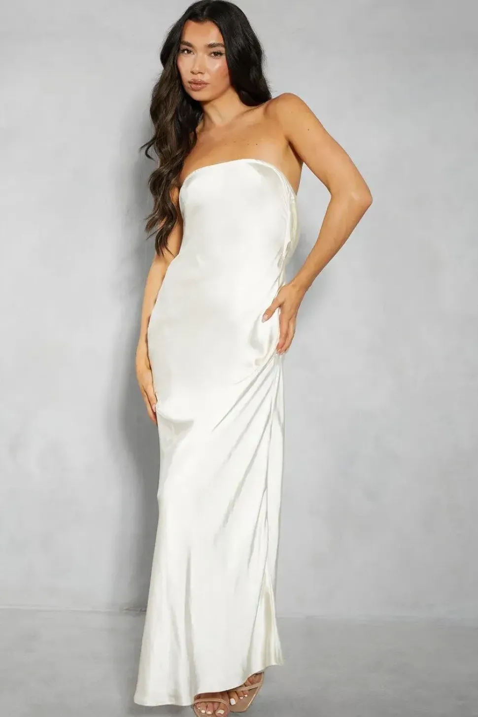 Premium Satin Bandeau Cowl Back Fishtail Maxi Dress