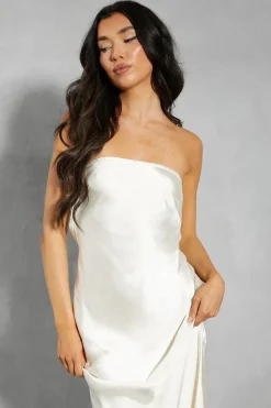 Premium Satin Bandeau Cowl Back Fishtail Maxi Dress