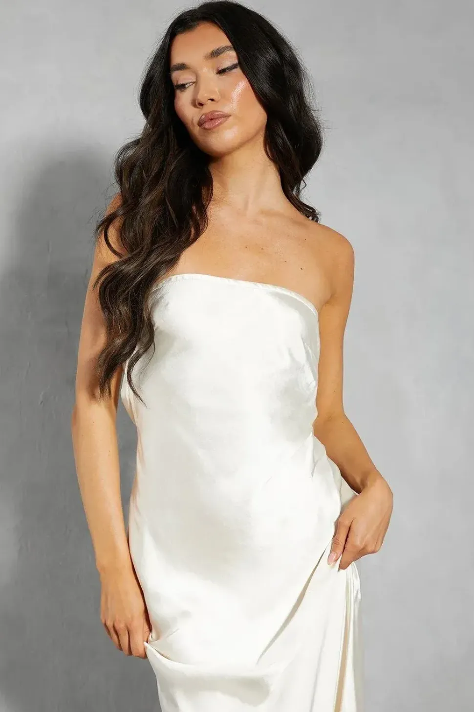Premium Satin Bandeau Cowl Back Fishtail Maxi Dress