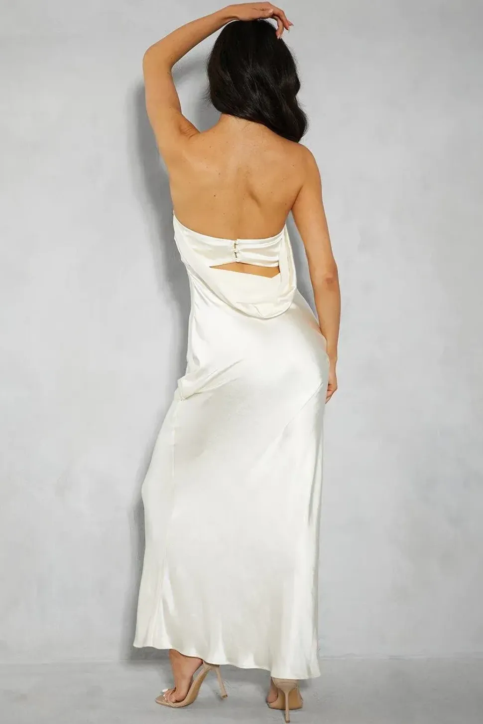 Premium Satin Bandeau Cowl Back Fishtail Maxi Dress