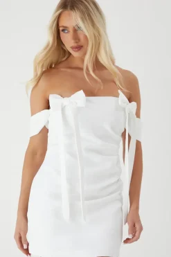 Premium Satin Bardot Bow Detail Bodycon Mini Dress