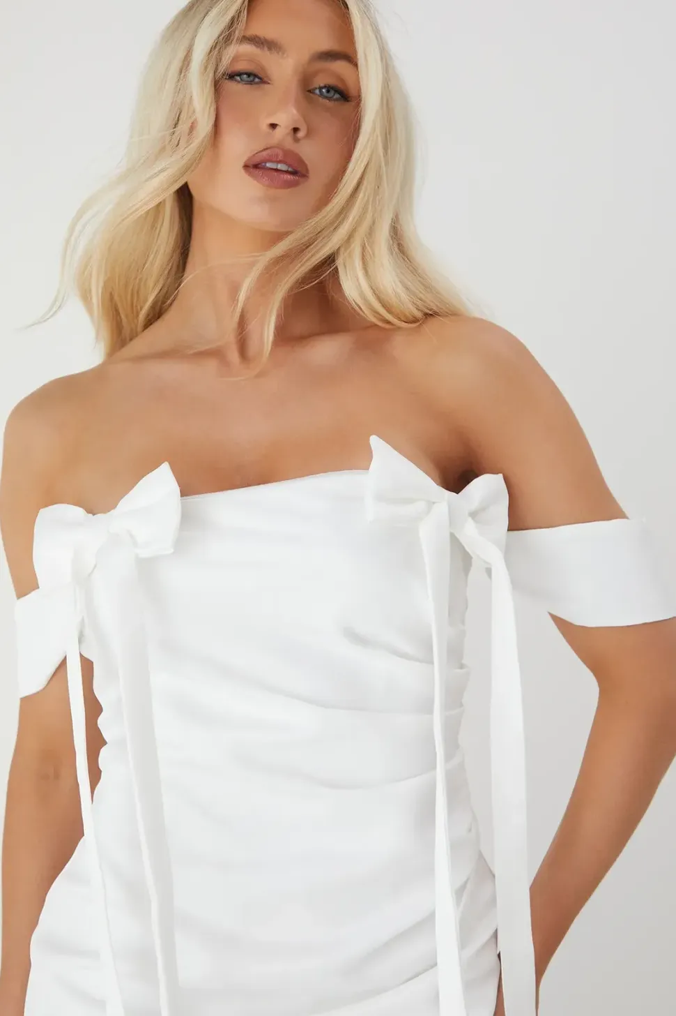 Premium Satin Bardot Bow Detail Bodycon Mini Dress