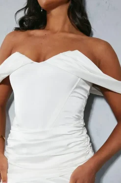 Premium Satin Bardot Ruched Skirt Bodycon Mini Dress