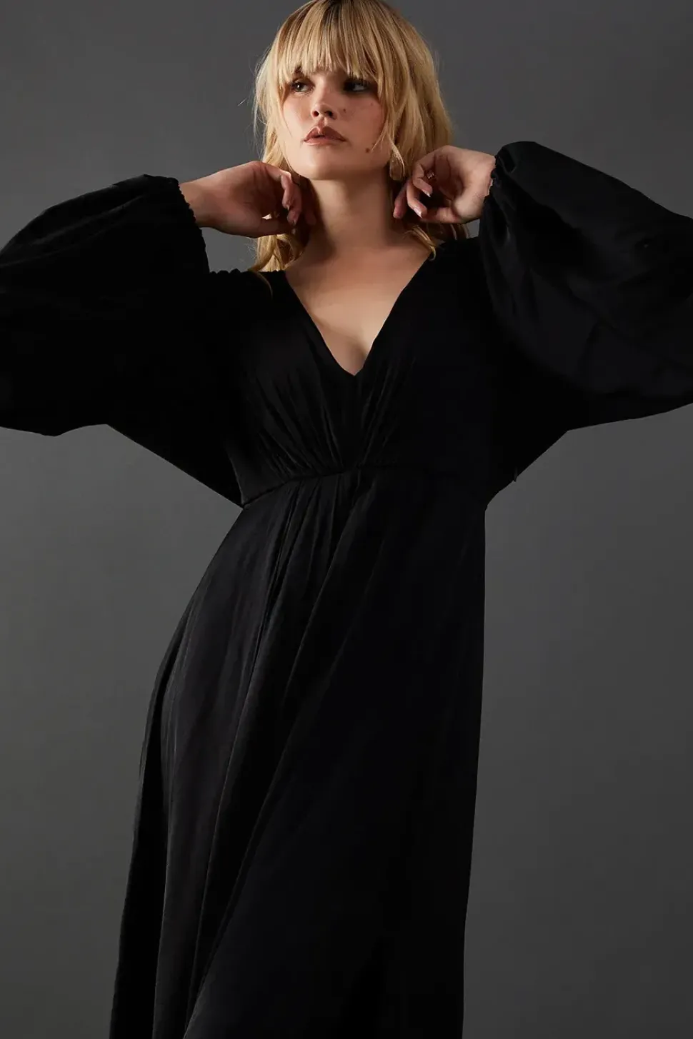 Premium Satin Batwing Pleat Detail Volume Sleeve Midi