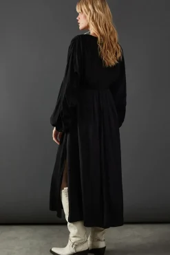 Premium Satin Batwing Pleat Detail Volume Sleeve Midi