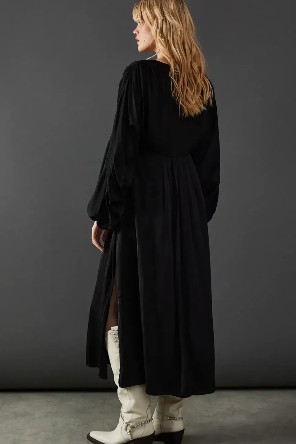 Premium Satin Batwing Pleat Detail Volume Sleeve Midi