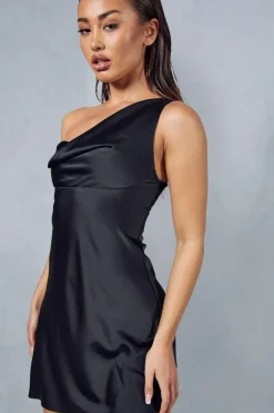 Premium Satin Bust Detail Cowl Asymmetric Mini Slip Dress